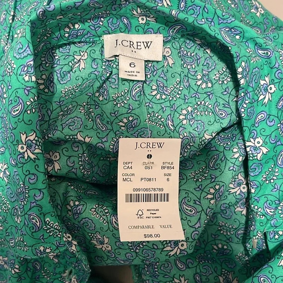 NWT!! J. Crew - Printed Cotton Mini Shirtdress - Green/White/Blue - Size 6 - Picture 10 of 10